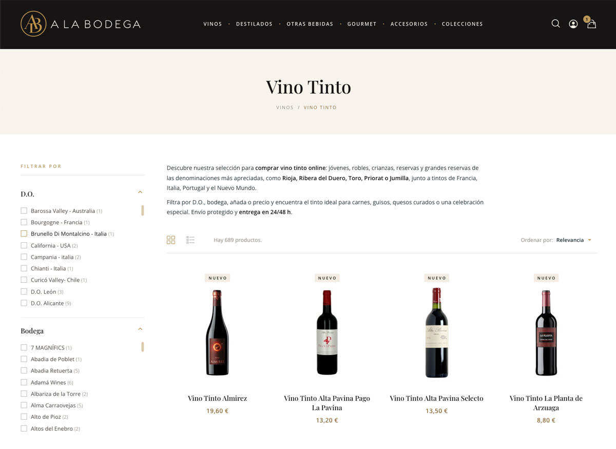 Categoría de vinos de aLaBodega.com con filtros por D.O., bodega, añada, precio y formato