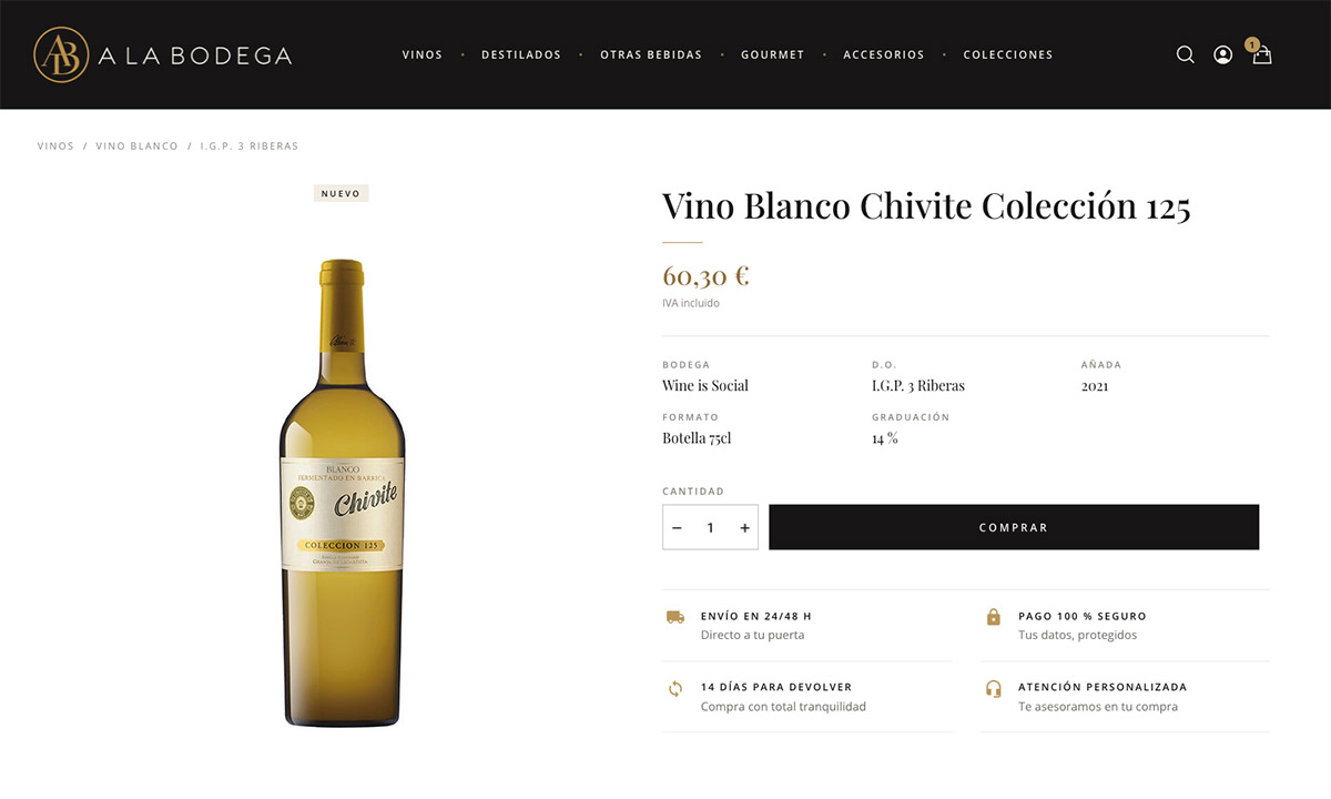 Página de producto de aLaBodega.com con los datos técnicos del vino